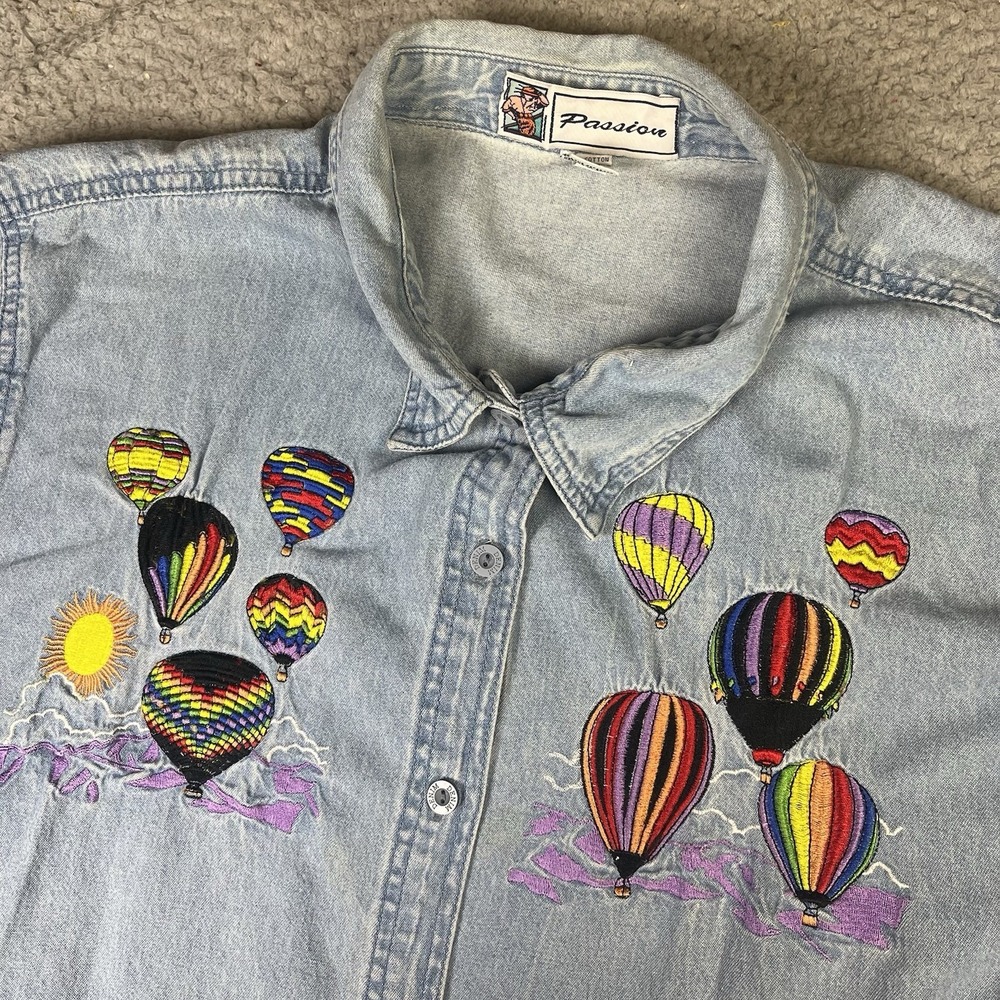 Vintage Denim Shirt Hot Air Balloon Embroidery Size 2X Women's by Passion